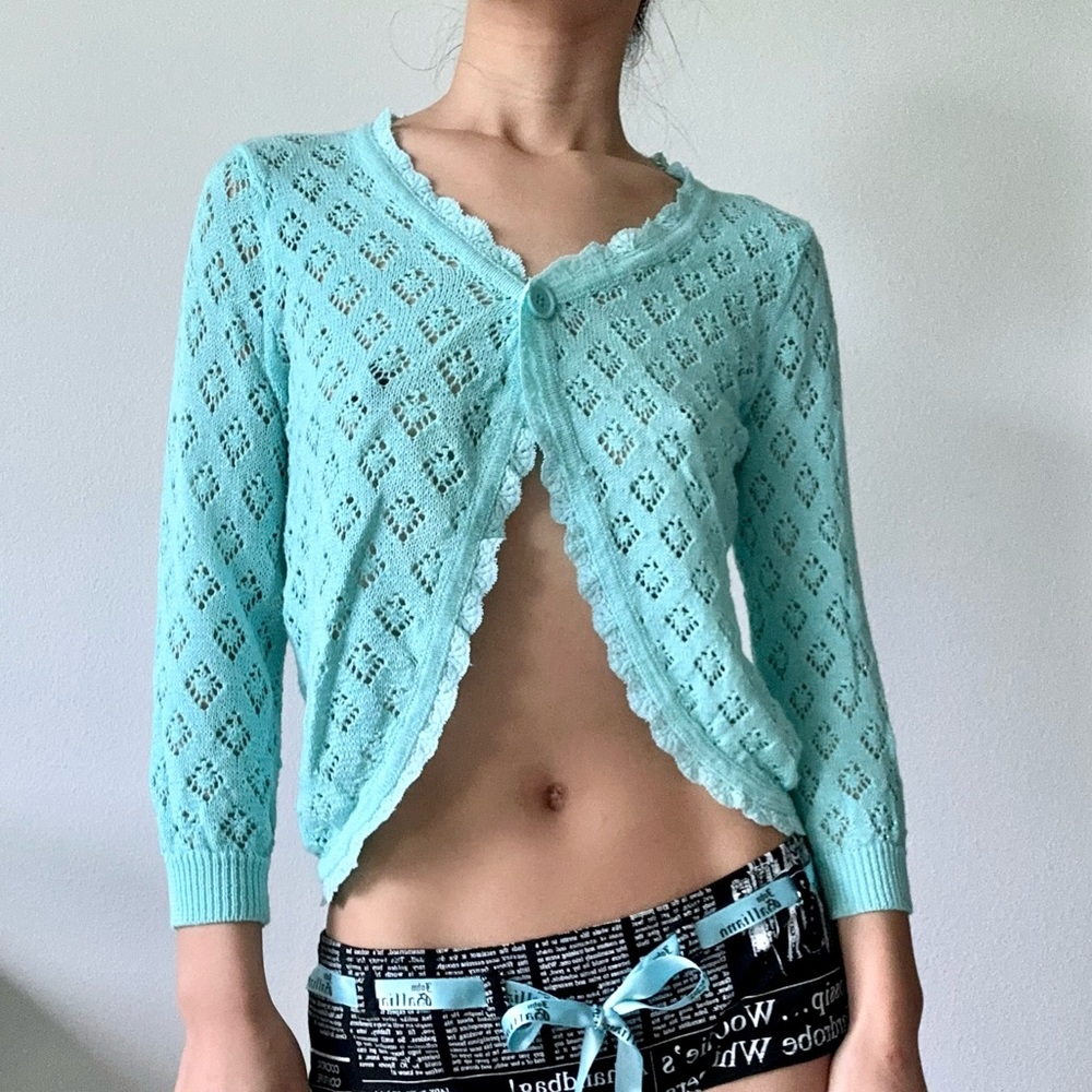 Vintage Eyelet Knit Cardigan Bolero Sparkly Blue